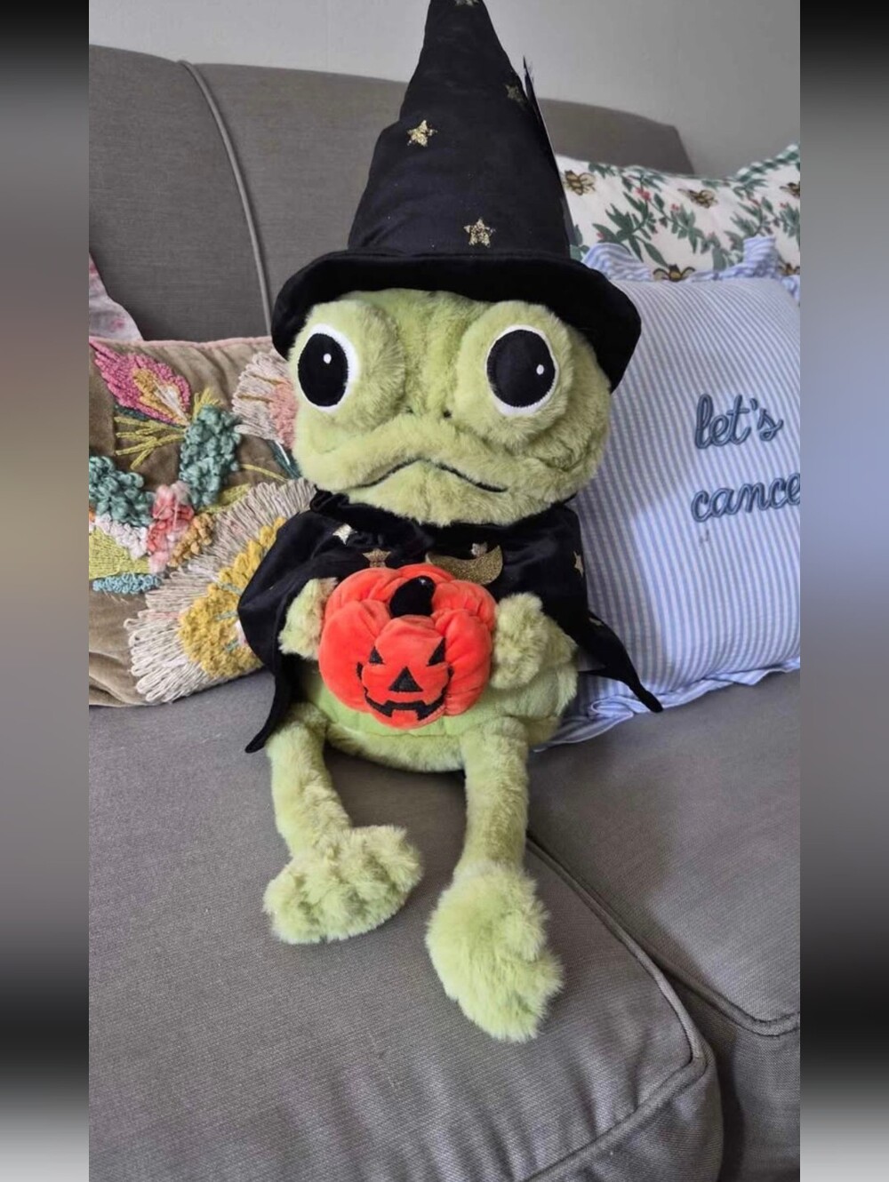 Wizard Green Frog Viral Halloween Costume Plush with Orange Pumpkin